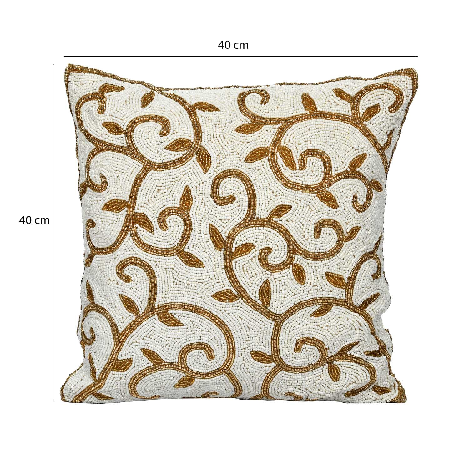 Leaf Beaded Polyester Cushion Cover- Gold and Off-white