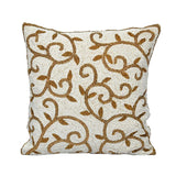 Leaf Beaded Polyester Cushion Cover- Gold and Off-white