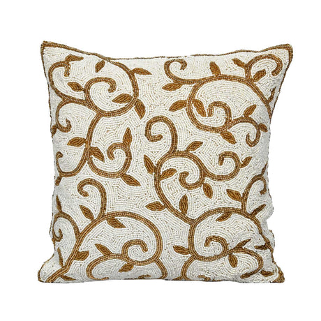 Leaf Beaded Polyester Cushion Cover- Gold and Off-white