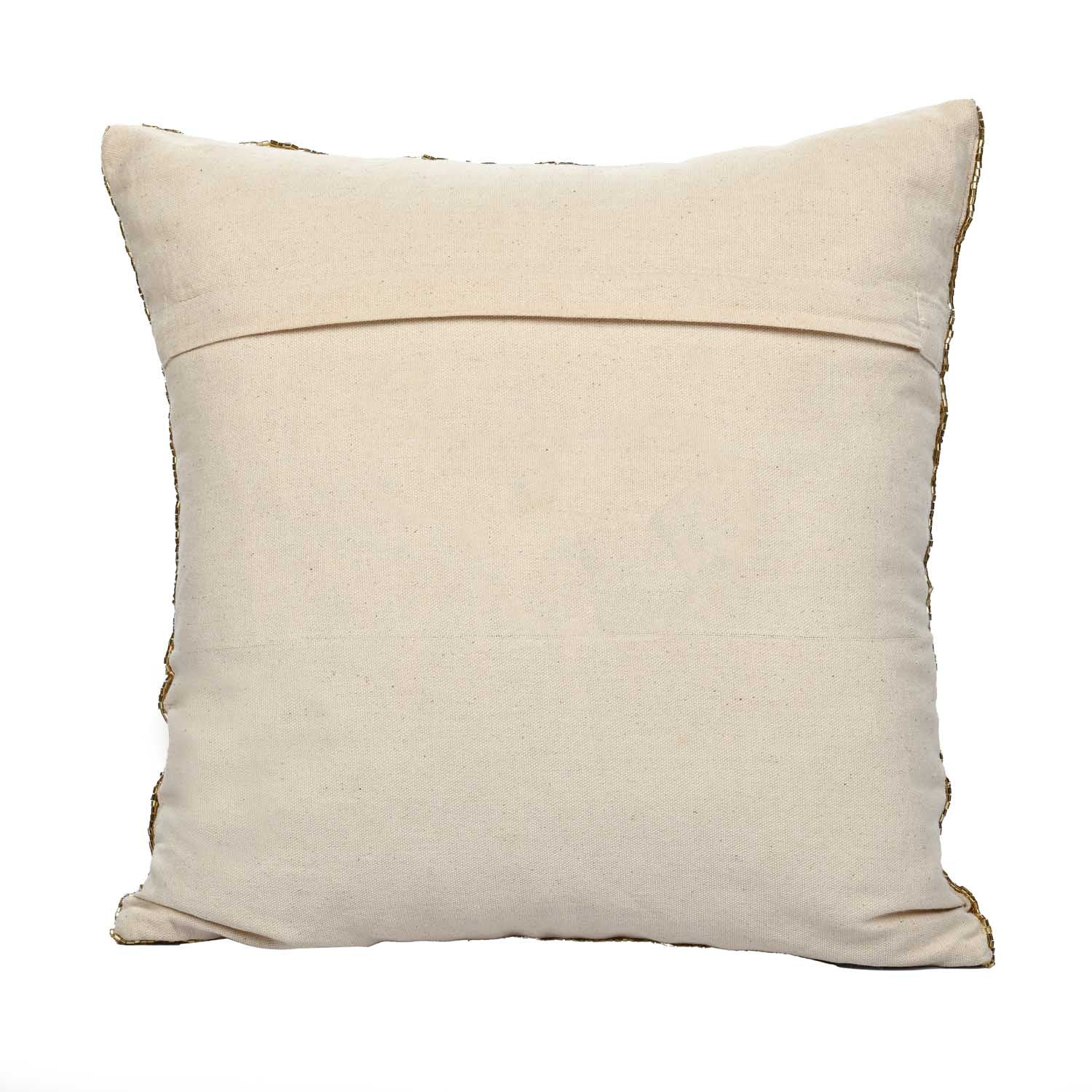 Leaf Beaded Polyester Cushion Cover- Gold and Off-white