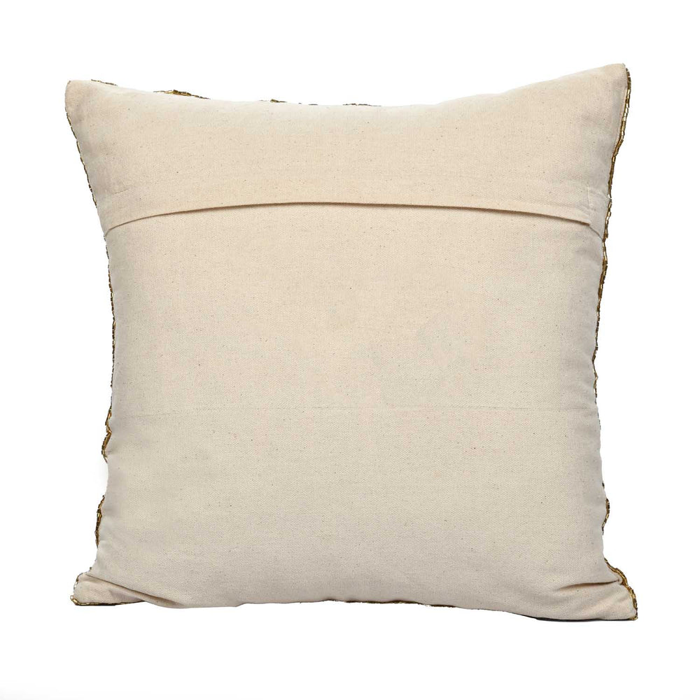 Leaf Beaded Polyester Cushion Cover- Gold and Off-white