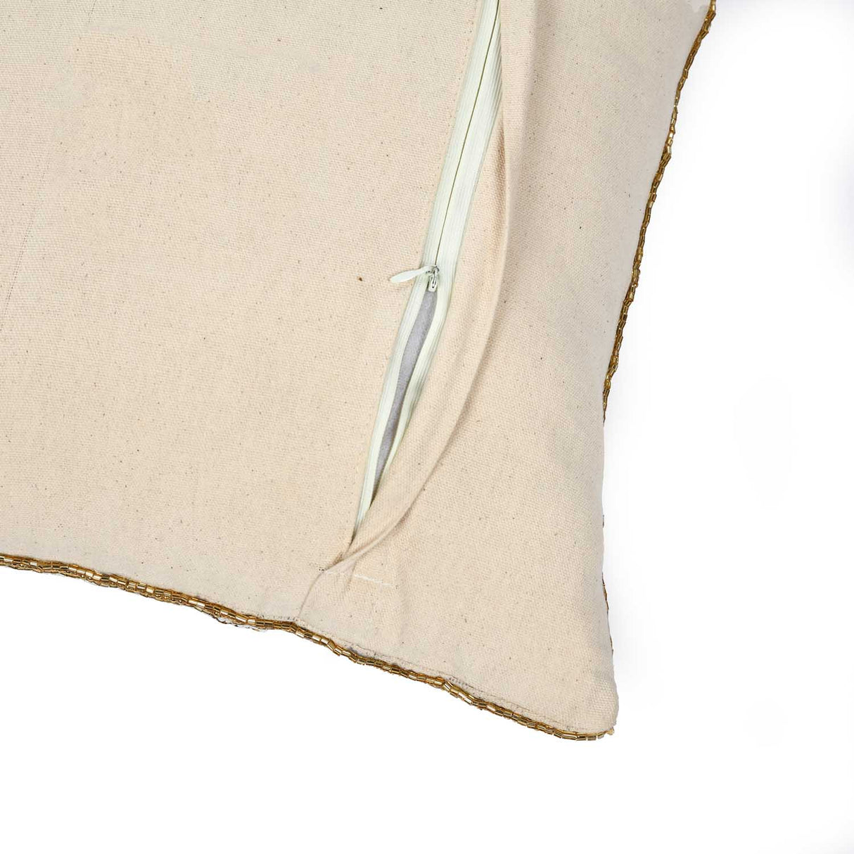 Leaf Beaded Polyester Cushion Cover- Gold and Off-white