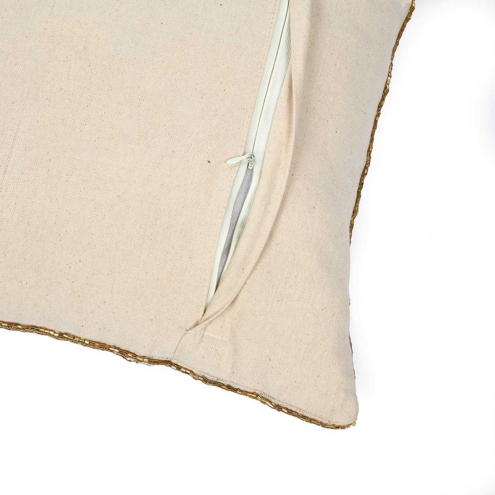 Leaf Beaded Polyester Cushion Cover- Gold and Off-white