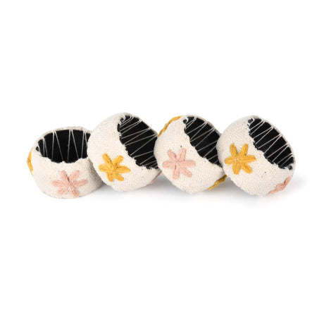 Floral Embroidery Napkin Rings Set of 4- Beige & Green
