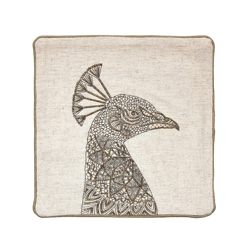 Peacock Head Pattern Fabric Cushion Cover- Beige and Gold
