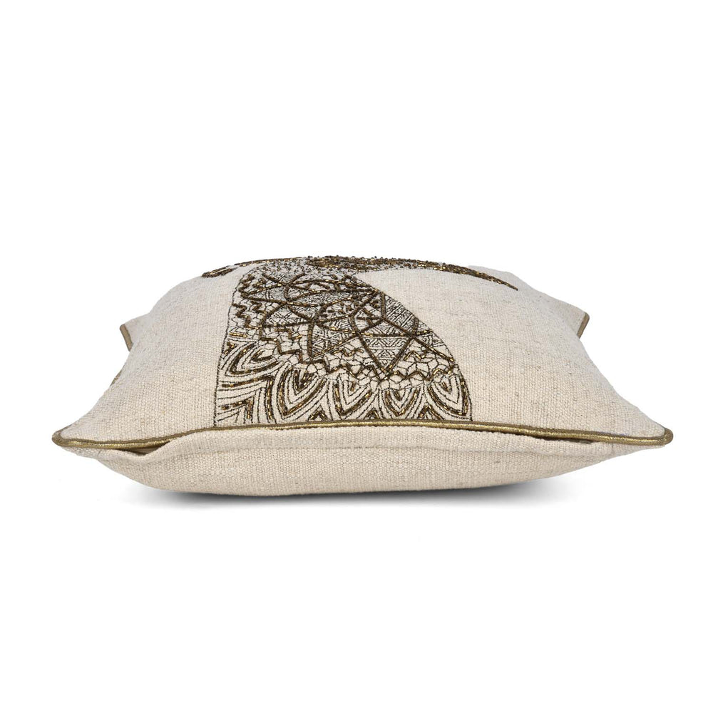 Peacock Head Pattern Fabric Cushion Cover- Beige and Gold