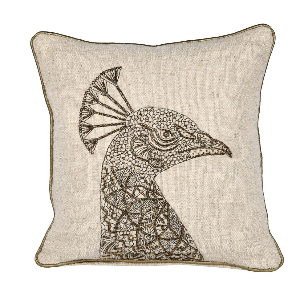 Peacock Head Pattern Fabric Cushion Cover- Beige and Gold