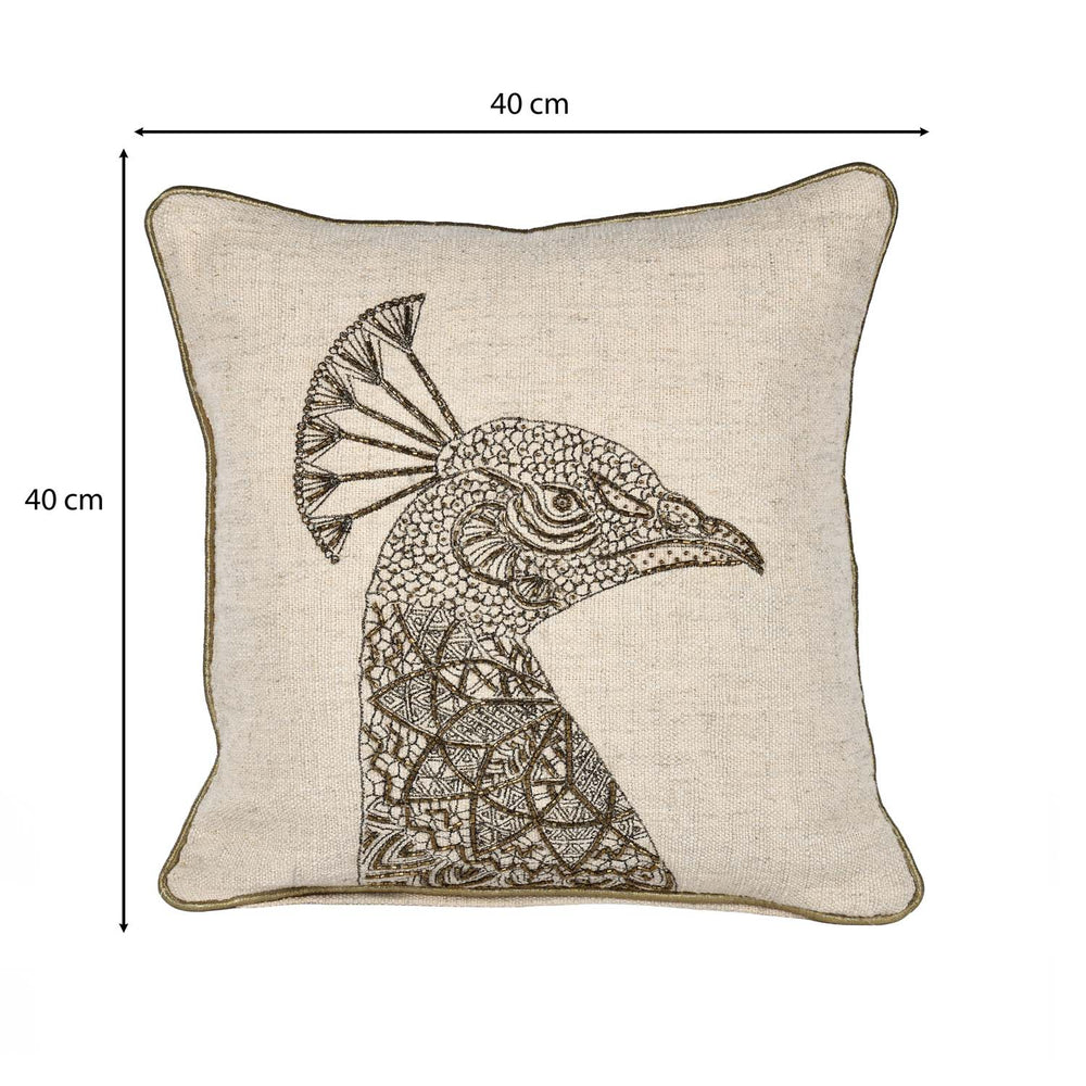Peacock Head Pattern Fabric Cushion Cover- Beige and Gold
