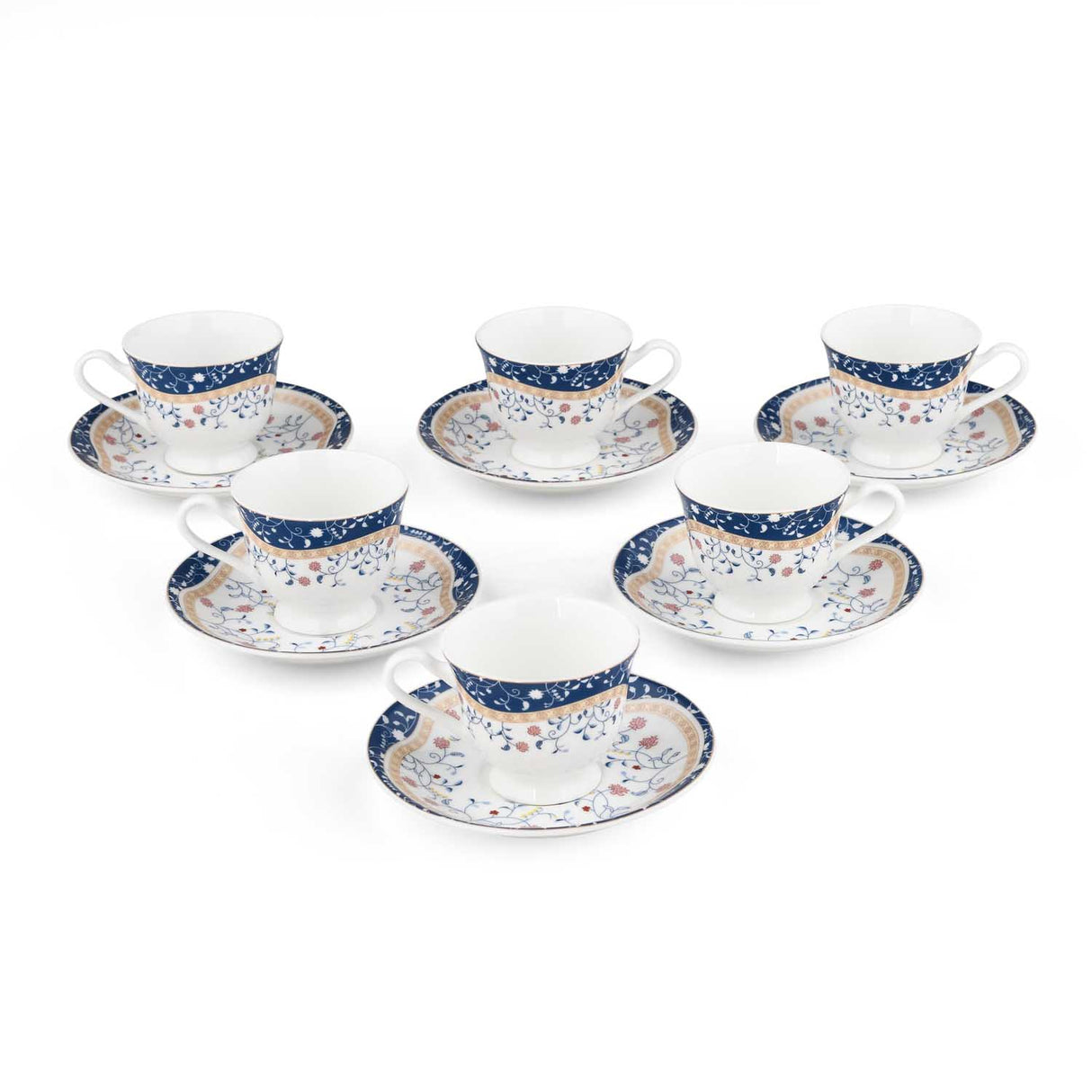 Porcelain Cup and Saucer Set of 6- White and Blue