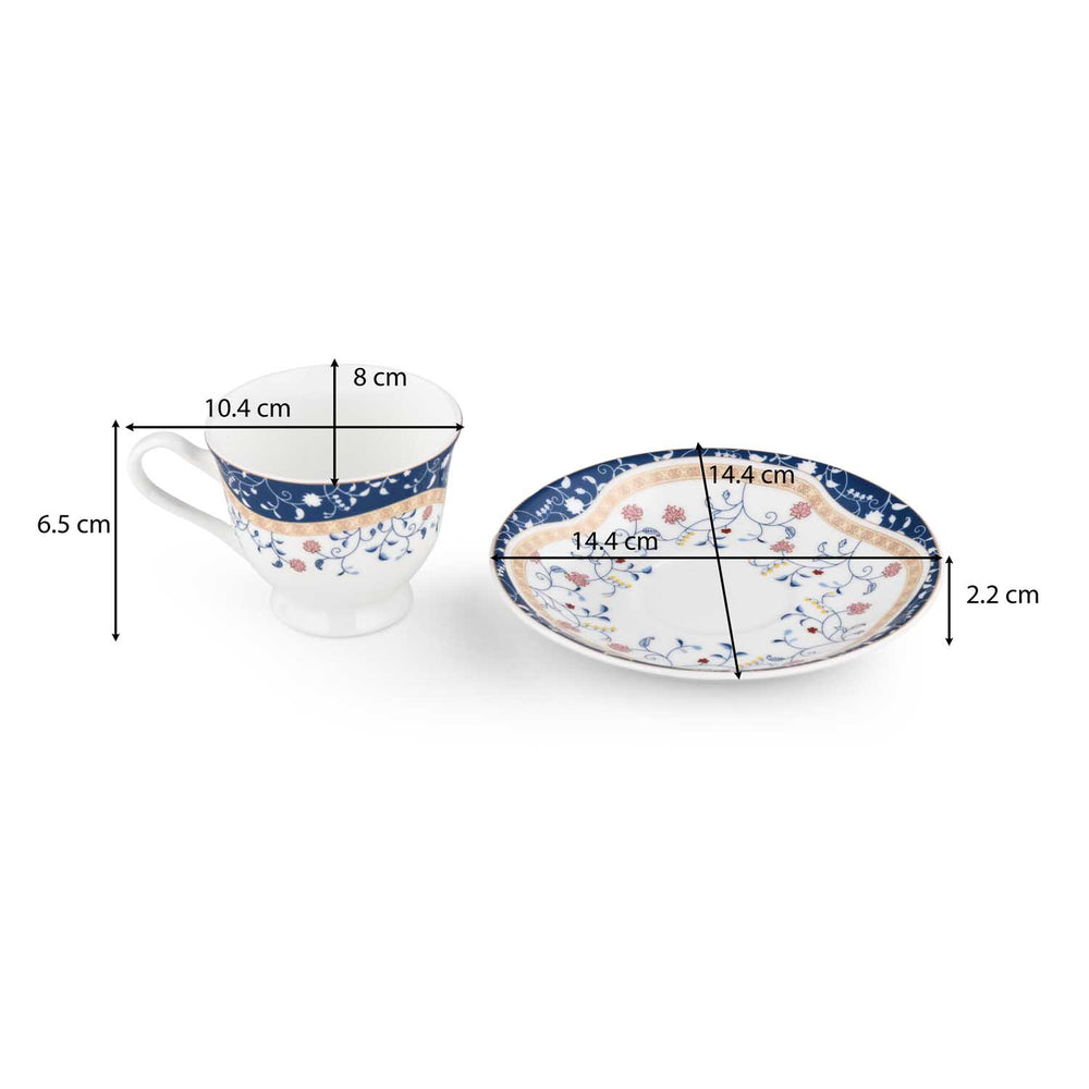 Porcelain Cup and Saucer Set of 6- White and Blue