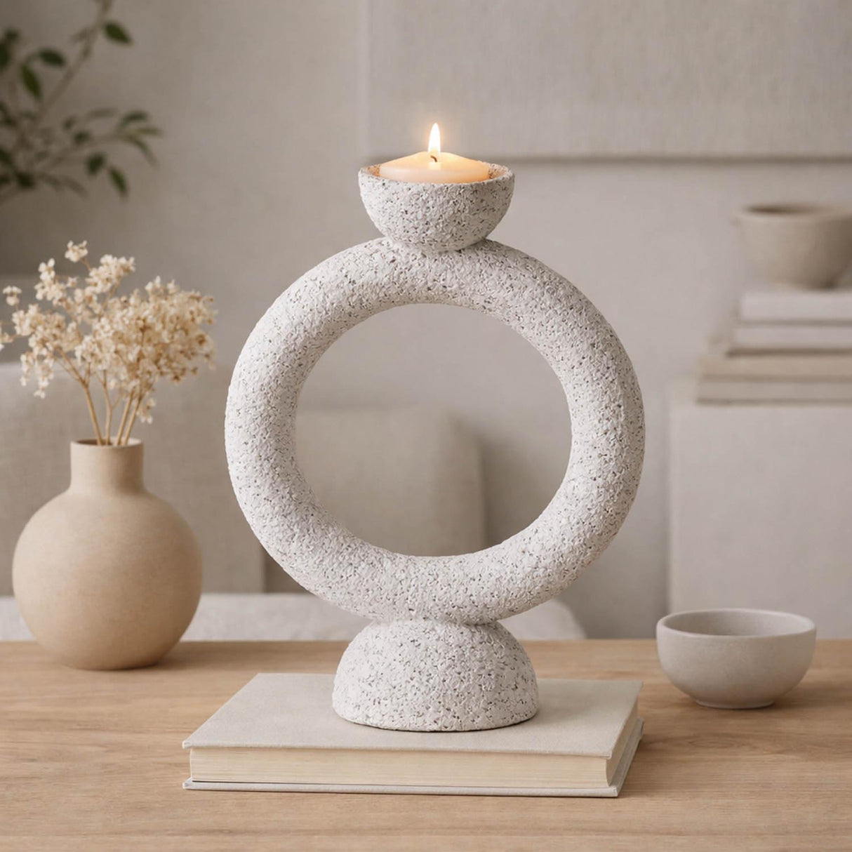 Polyresin Ring Holder Candle Holder Large- Beige