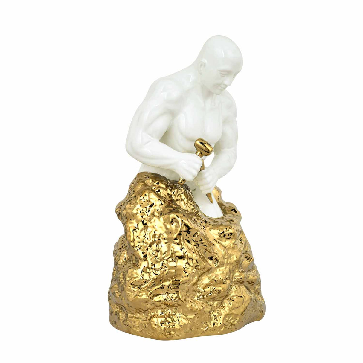 Man Carving Stone Ceramic Showpiece- White & Gold