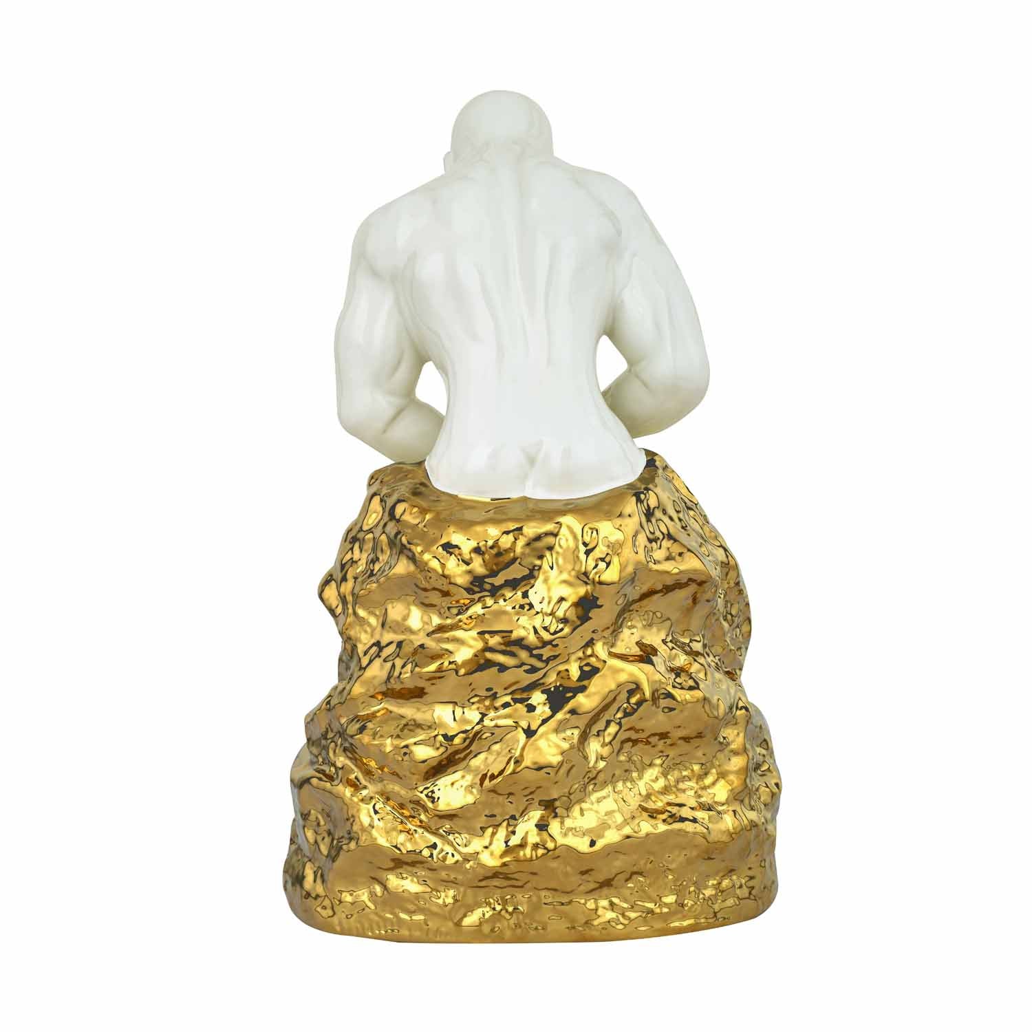 Man Carving Stone Ceramic Showpiece- White & Gold
