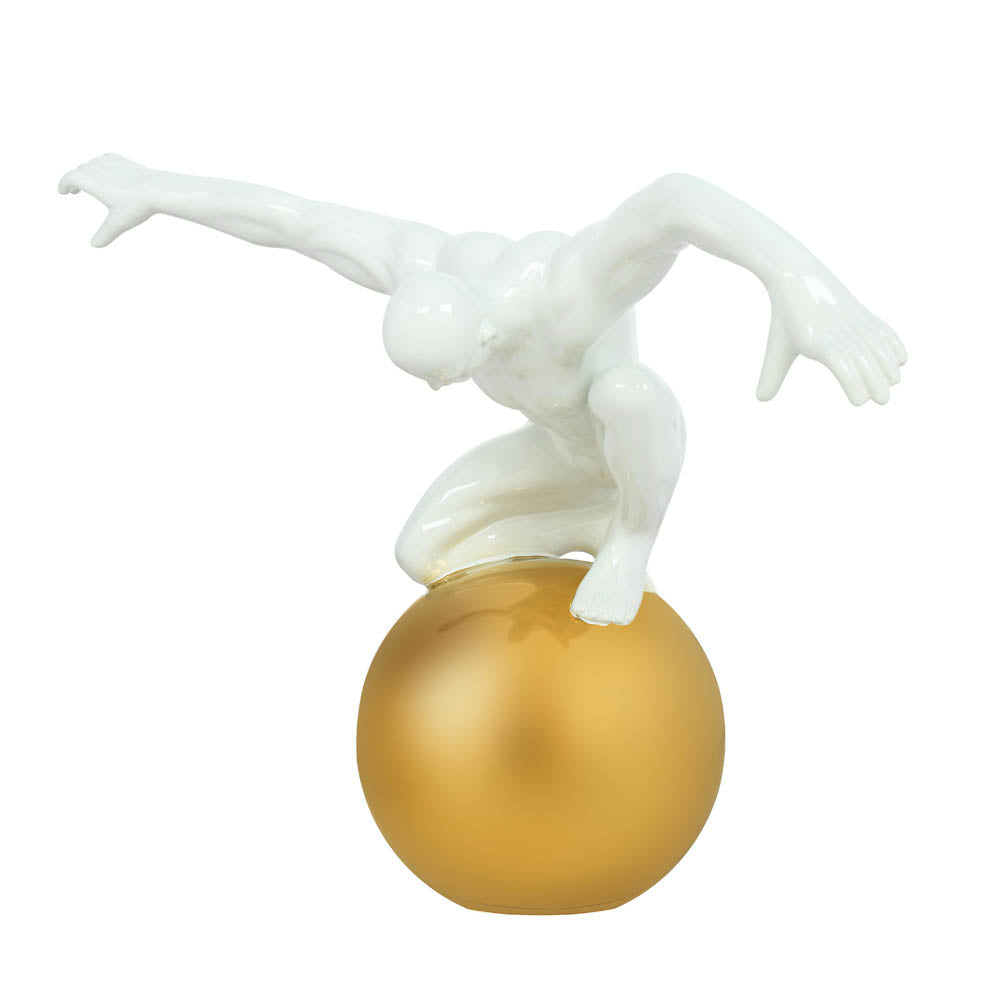 Human on Golden Sphere Decorative Showpiece- White and Gold