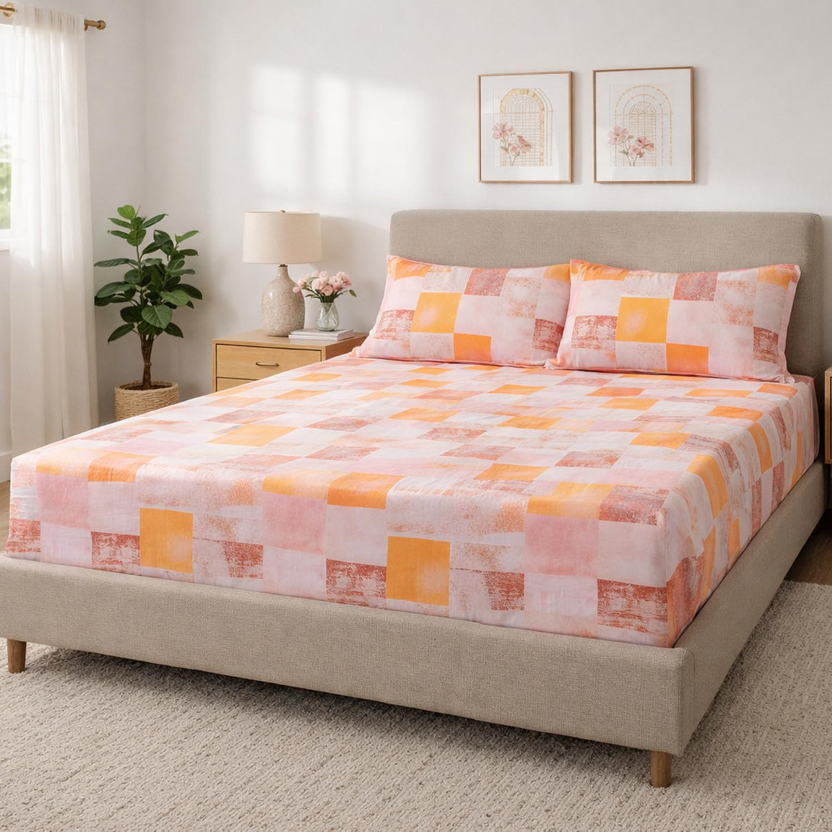 Checkered Pattern Polyester King Bedsheet with Pillow Covers- Multicolor