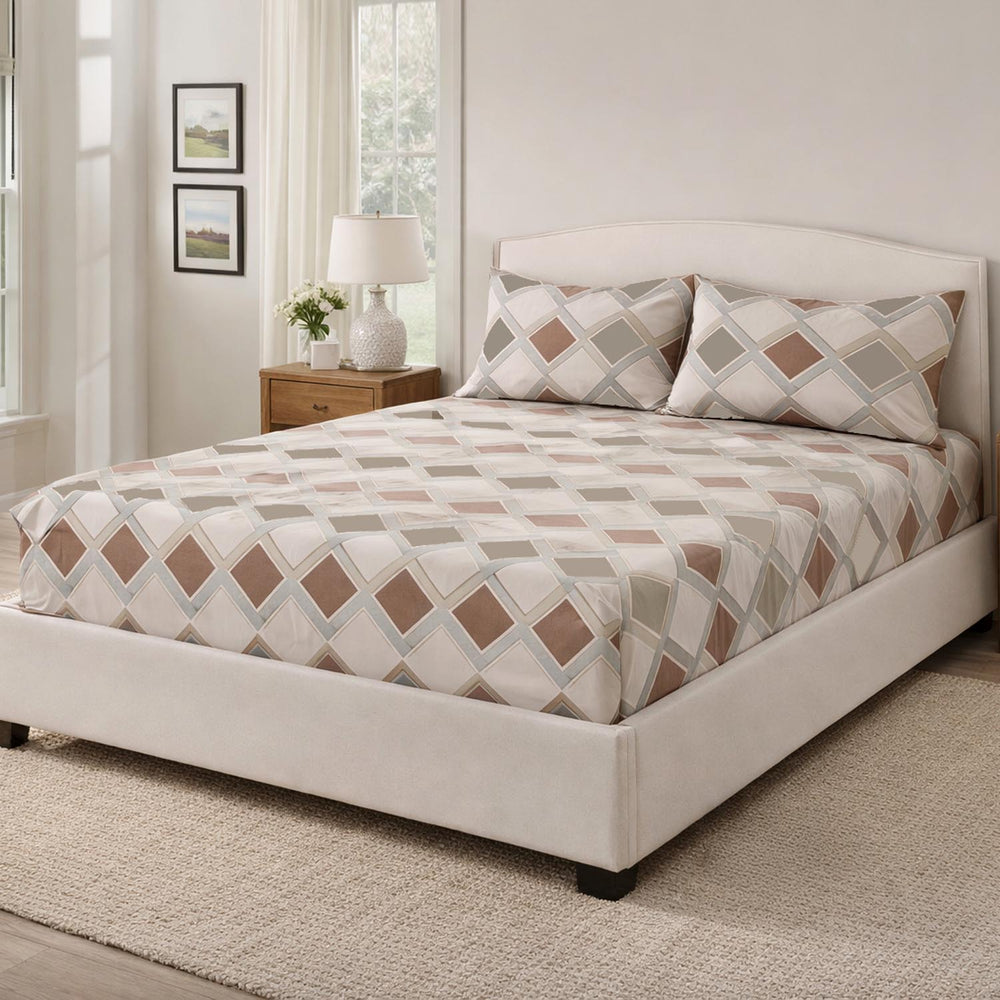 Diamond Pattern Polyester King Bedsheet with Pillow Covers- Multicolor