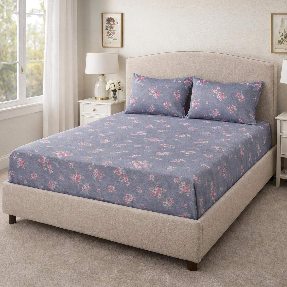 Floral Blossom Polyester King Bedsheet with Pillow Covers- Multicolor