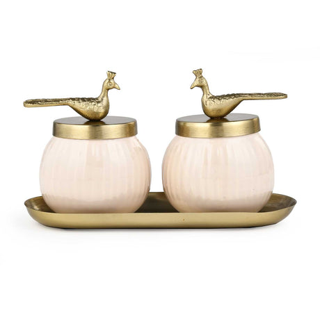 Tray with Set of 2 Peacock Cannisters- Off-white and Gold