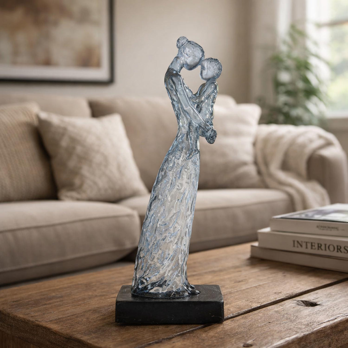 Decorative Modern Abstract Mother Holding Baby Polyresin Showpiece- Silver and Black