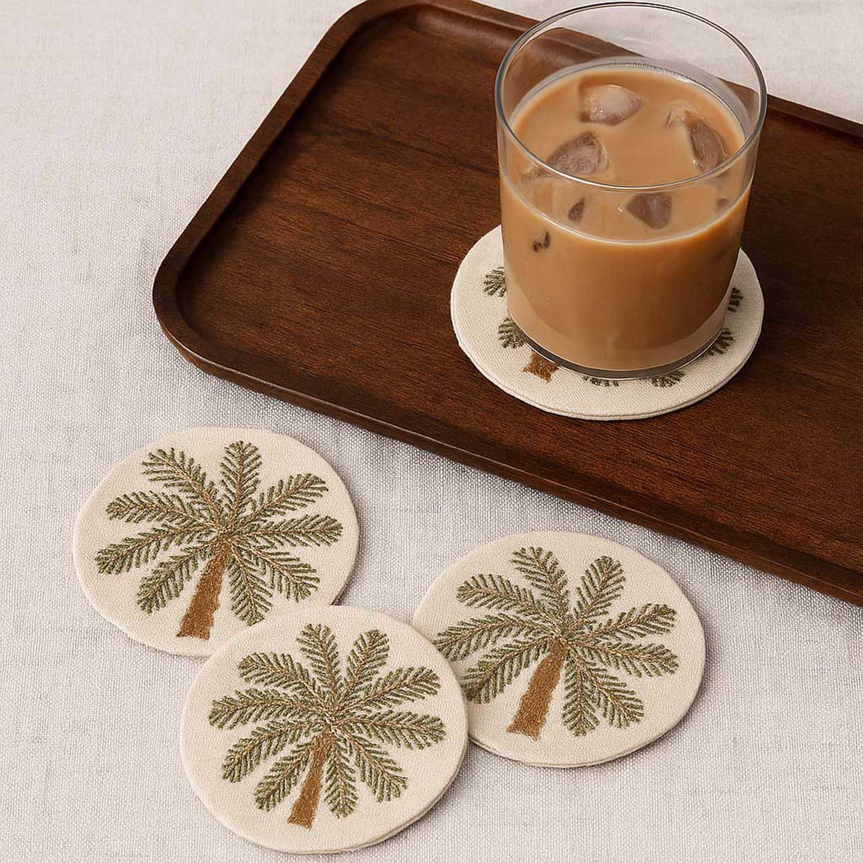 Palm Embroidery Coasters Set of 4- Beige and Brown