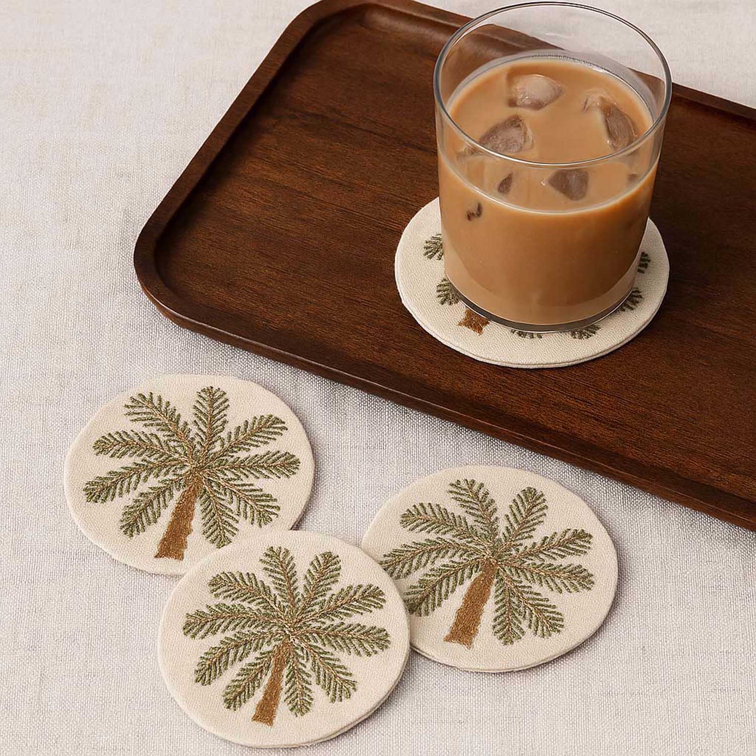 Palm Embroidery Coasters Set of 4- Beige and Brown