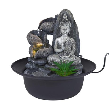 Zen Buddha Polyresin Decorative Table Top Water Fountain with LED Light- Grey
