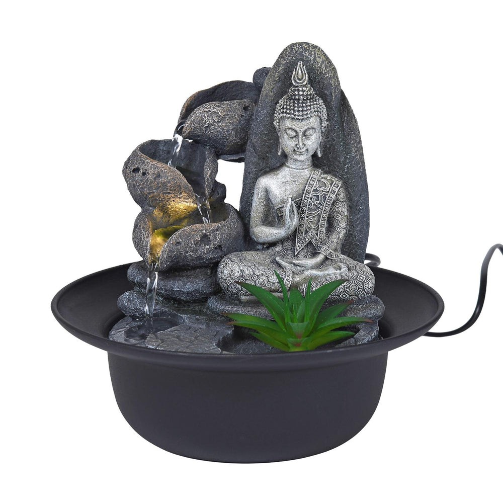 Zen Buddha Polyresin Decorative Table Top Water Fountain with LED Light- Grey