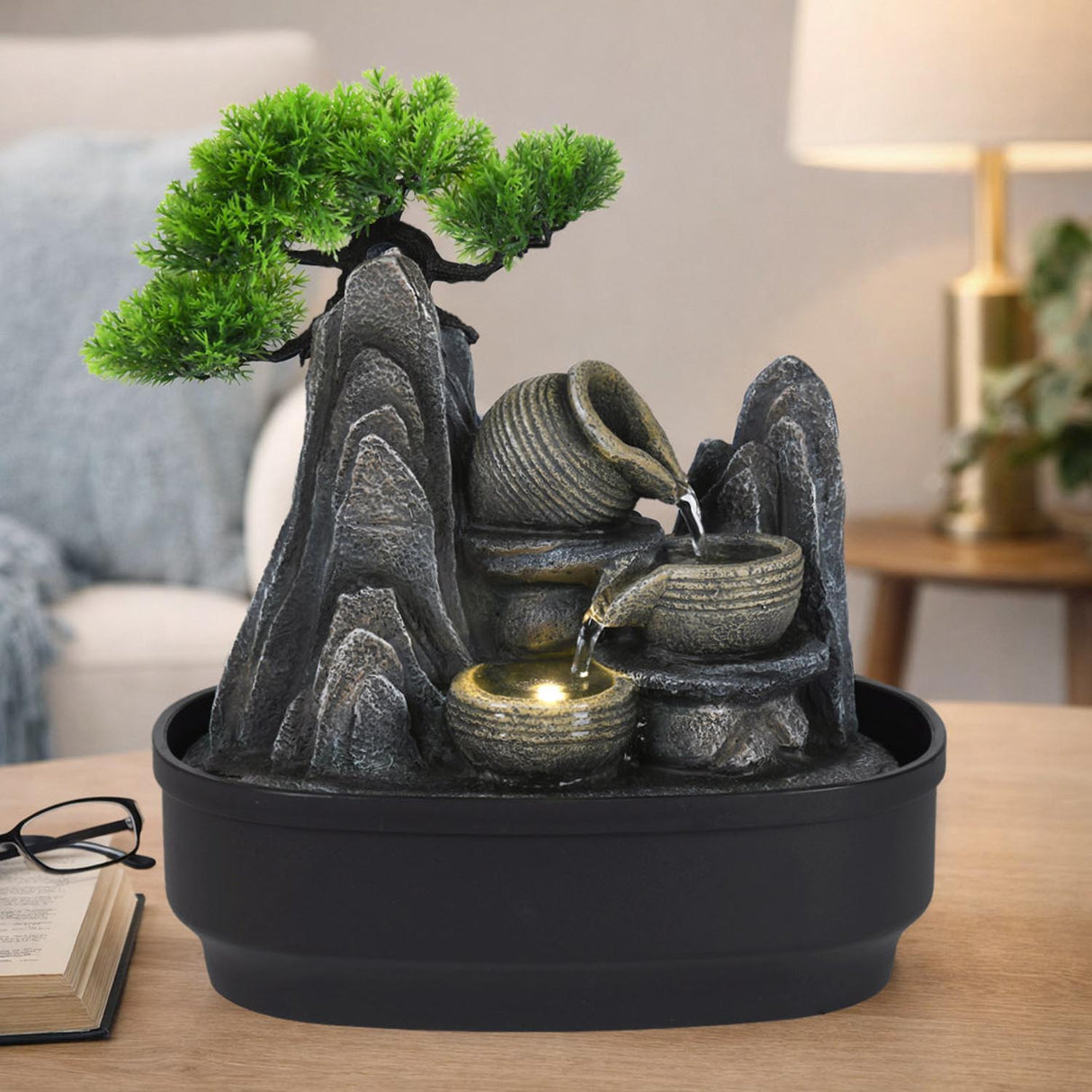 Tree and Three Pots Polyresin Decorative Table Top Water Fountain with LED Light- Grey