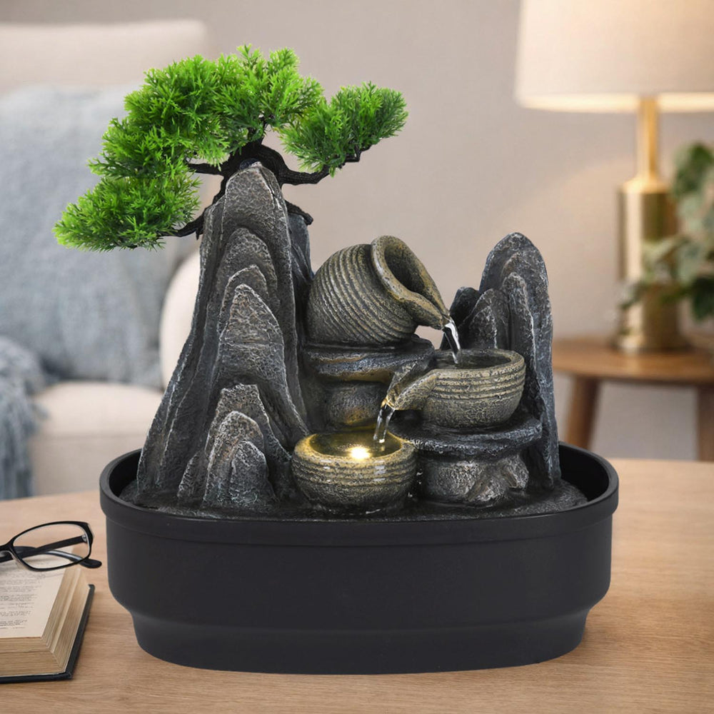 Tree and Three Pots Polyresin Decorative Table Top Water Fountain with LED Light- Grey