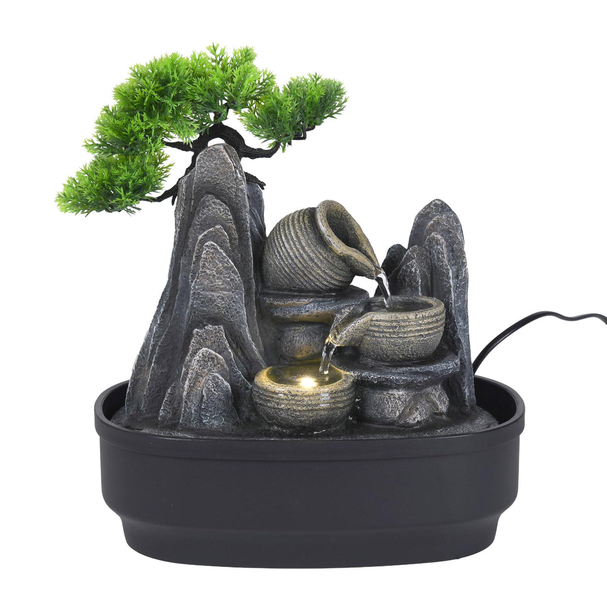 Tree and Three Pots Polyresin Decorative Table Top Water Fountain with LED Light- Grey