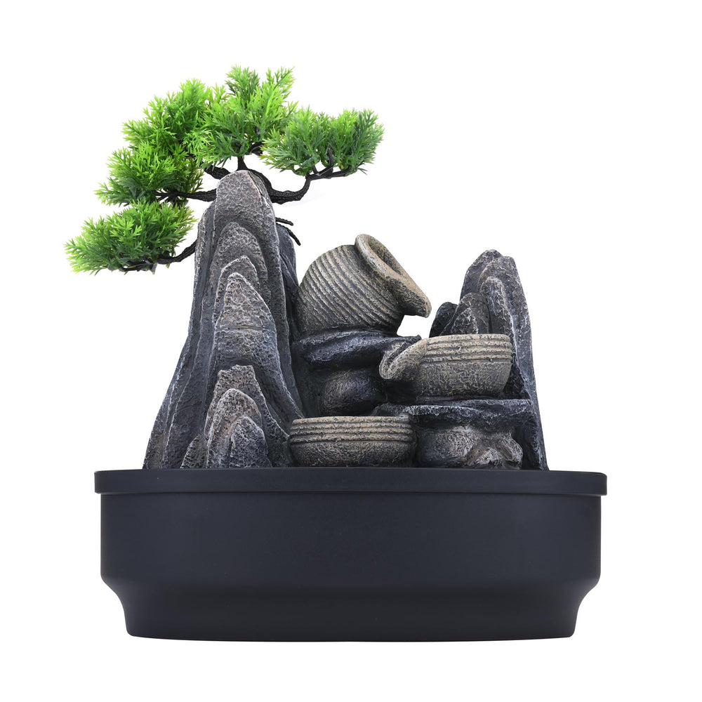 Tree and Three Pots Polyresin Decorative Table Top Water Fountain with LED Light- Grey