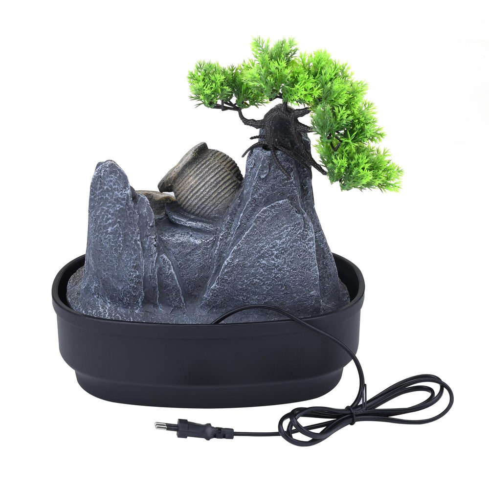 Tree and Three Pots Polyresin Decorative Table Top Water Fountain with LED Light- Grey