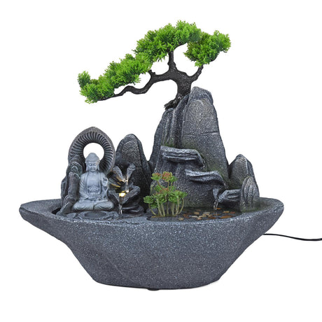 Zen Buddha in Miniature Garden Polyresin Table Top Water Fountain with LED Light- Grey