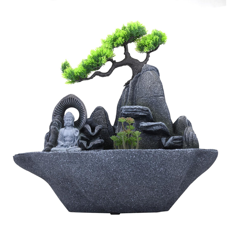 Zen Buddha in Miniature Garden Polyresin Table Top Water Fountain with LED Light- Grey