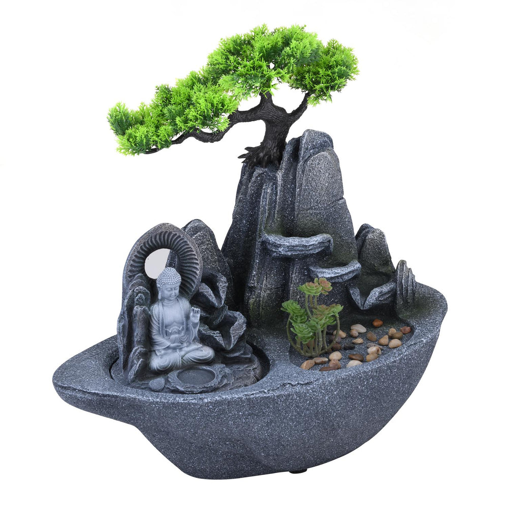 Zen Buddha in Miniature Garden Polyresin Table Top Water Fountain with LED Light- Grey