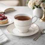 Royal Gold Rim Porcelain Cup and Saucer Set of 6- White and Gold