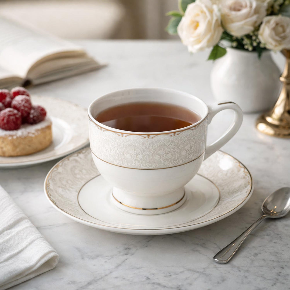 Royal Gold Rim Porcelain Cup and Saucer Set of 6- White and Gold