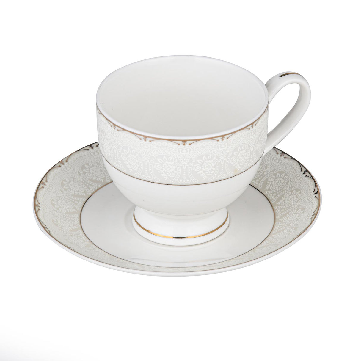 Royal Gold Rim Porcelain Cup and Saucer Set of 6- White and Gold