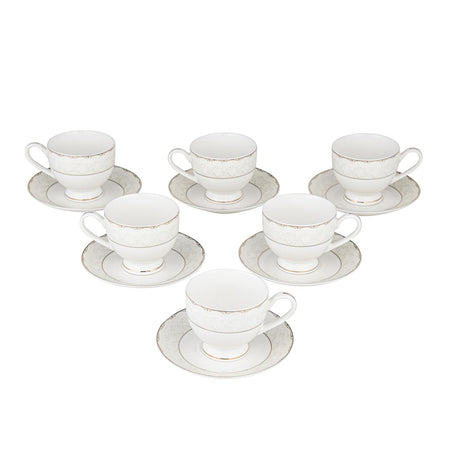 Royal Gold Rim Porcelain Cup and Saucer Set of 6- White and Gold