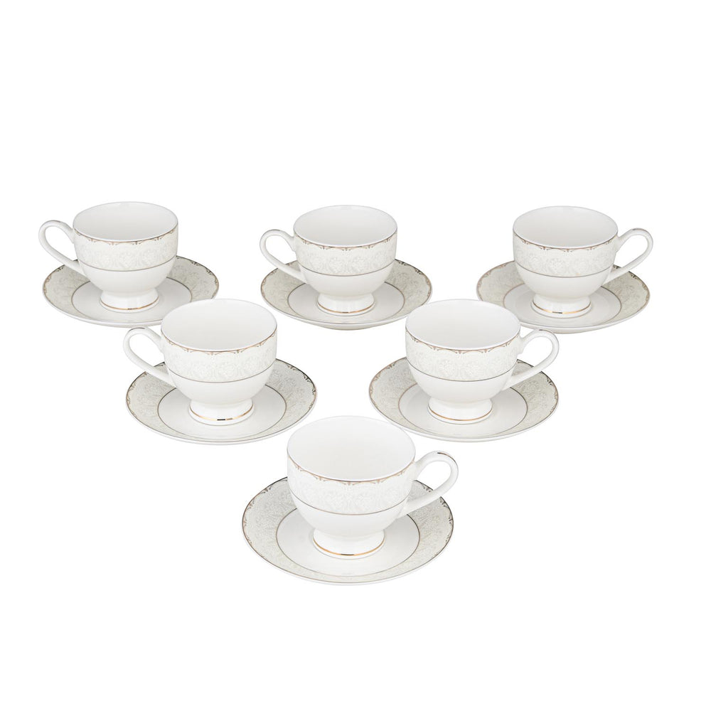 Royal Gold Rim Porcelain Cup and Saucer Set of 6- White and Gold