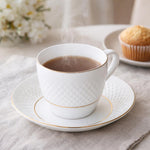 Classic Gold Rim Porcelain Cup and Saucer Set of 6- White and Gold