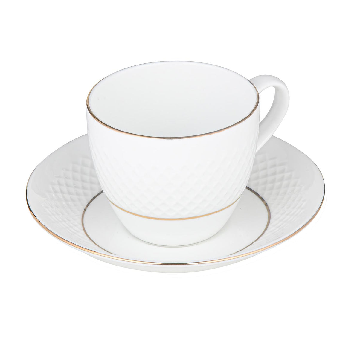 Classic Gold Rim Porcelain Cup and Saucer Set of 6- White and Gold