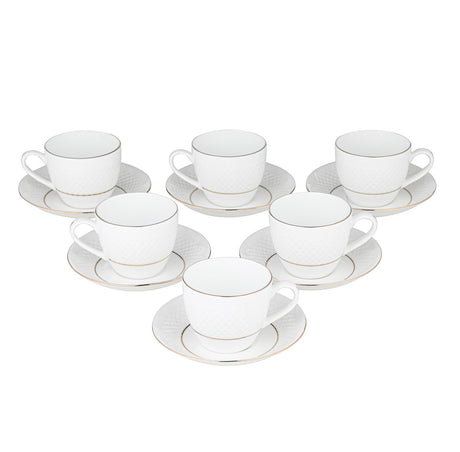Classic Gold Rim Porcelain Cup and Saucer Set of 6- White and Gold