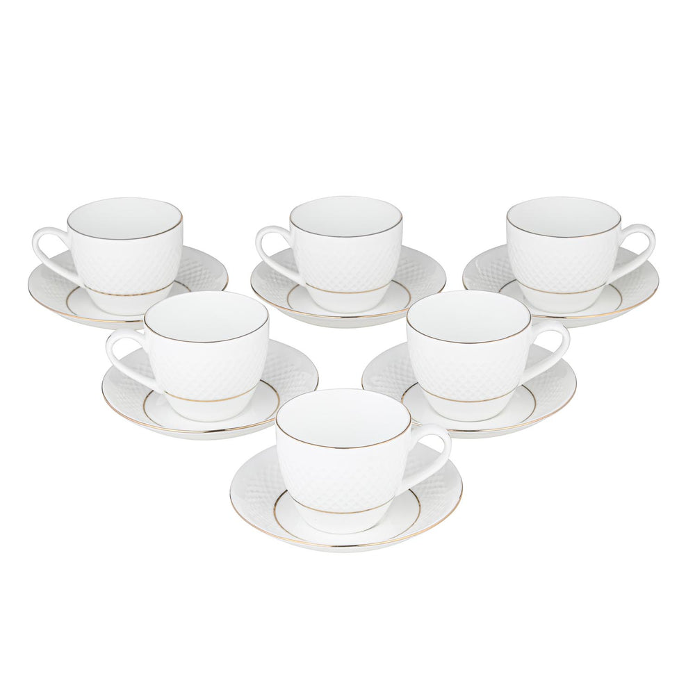 Classic Gold Rim Porcelain Cup and Saucer Set of 6- White and Gold