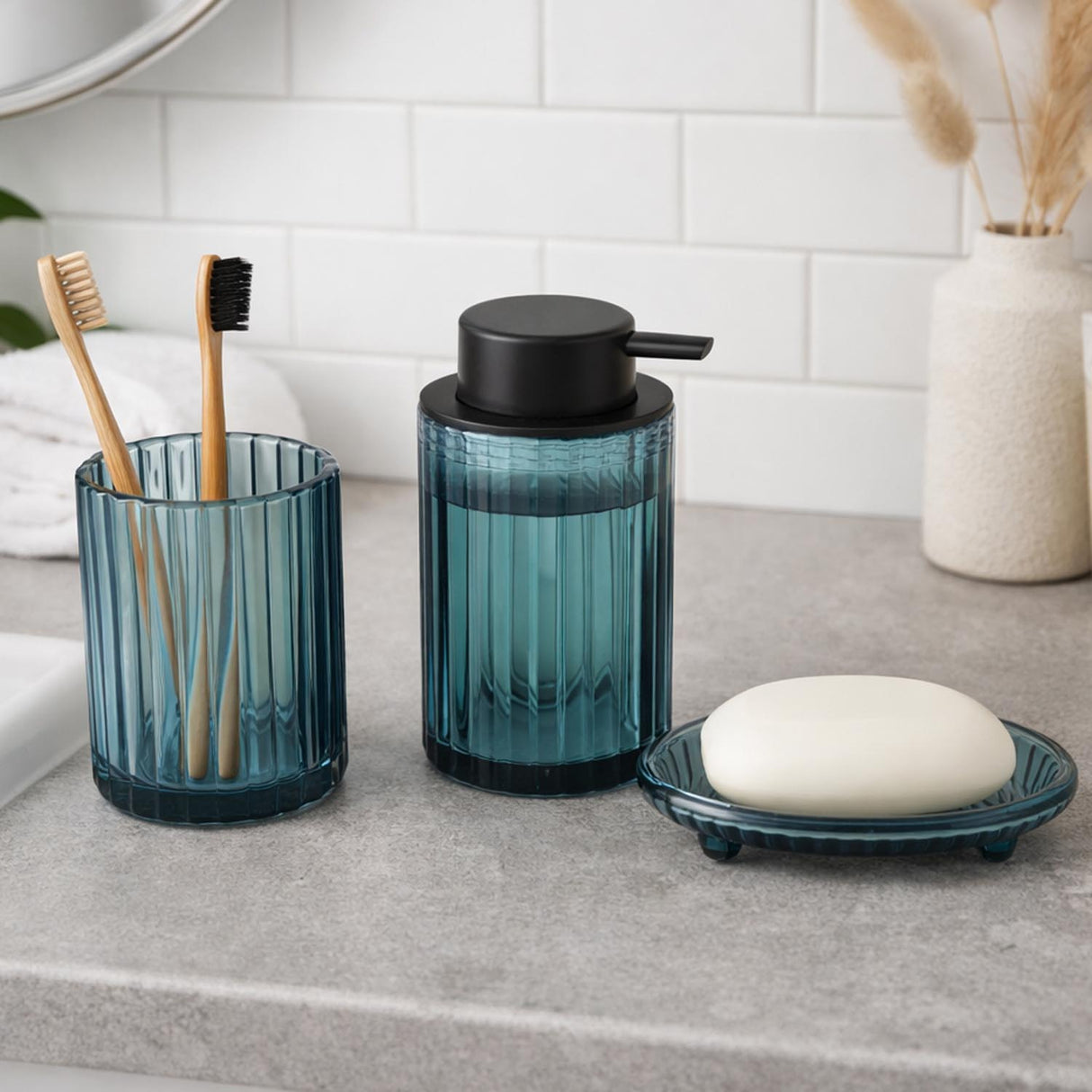 Glass Bath Accessory Set Fluted Pattern- Blue