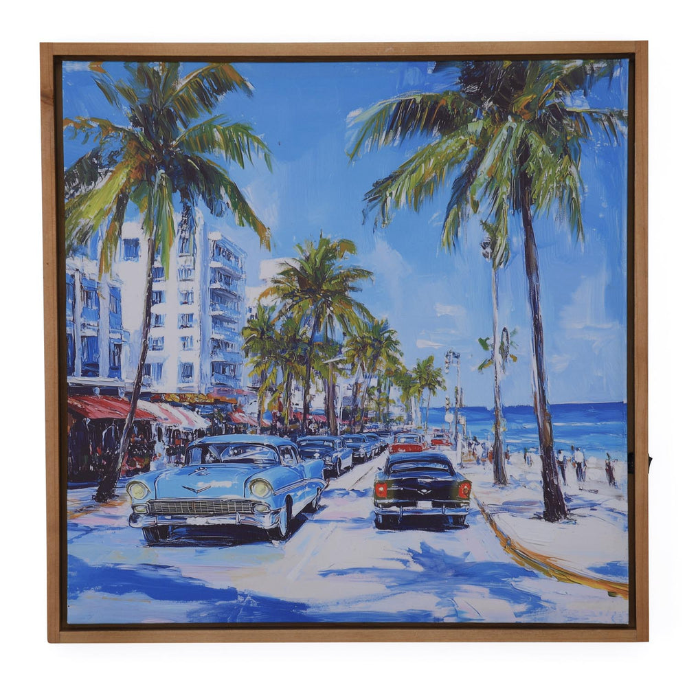 Cars on Palm road Canvas Painting with LED Light- Blue
