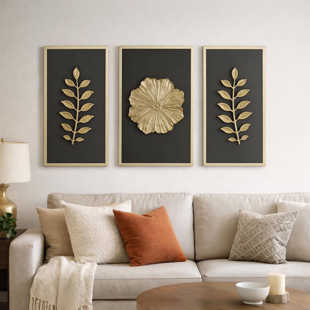 Decorative Three Piece Leaf and Floral Panel Wall Décor- Brown and Gold