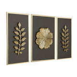 Decorative Three Piece Leaf and Floral Panel Wall Décor- Brown and Gold