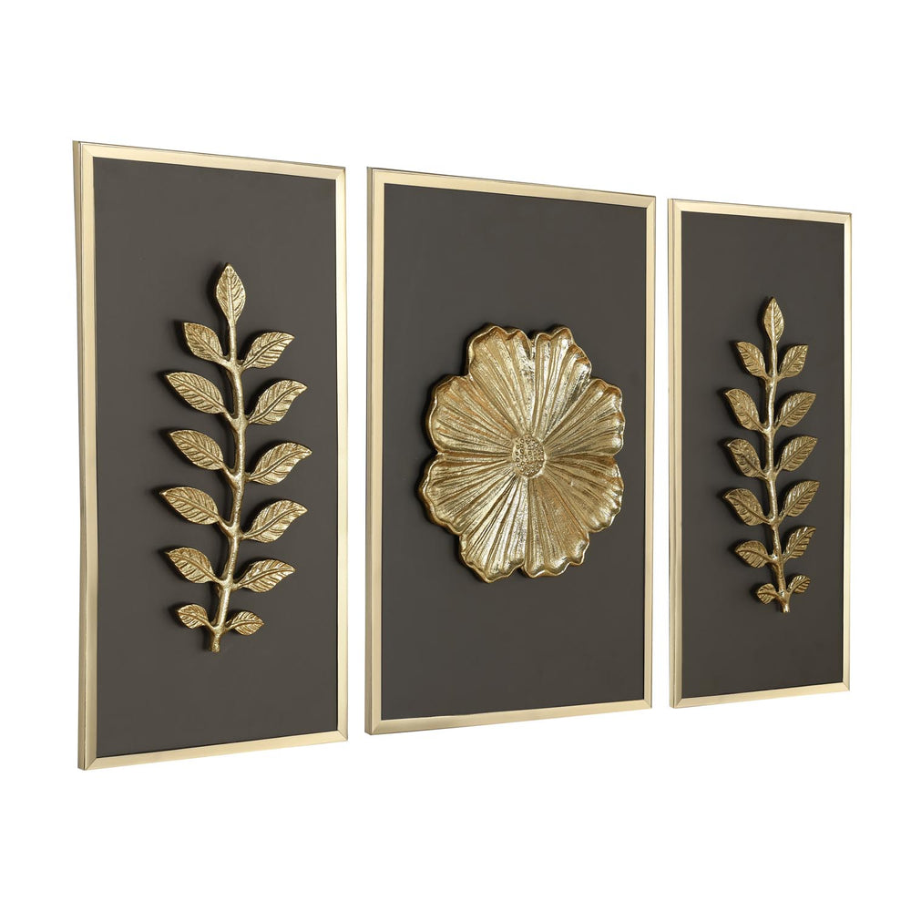 Decorative Three Piece Leaf and Floral Panel Wall Décor- Brown and Gold