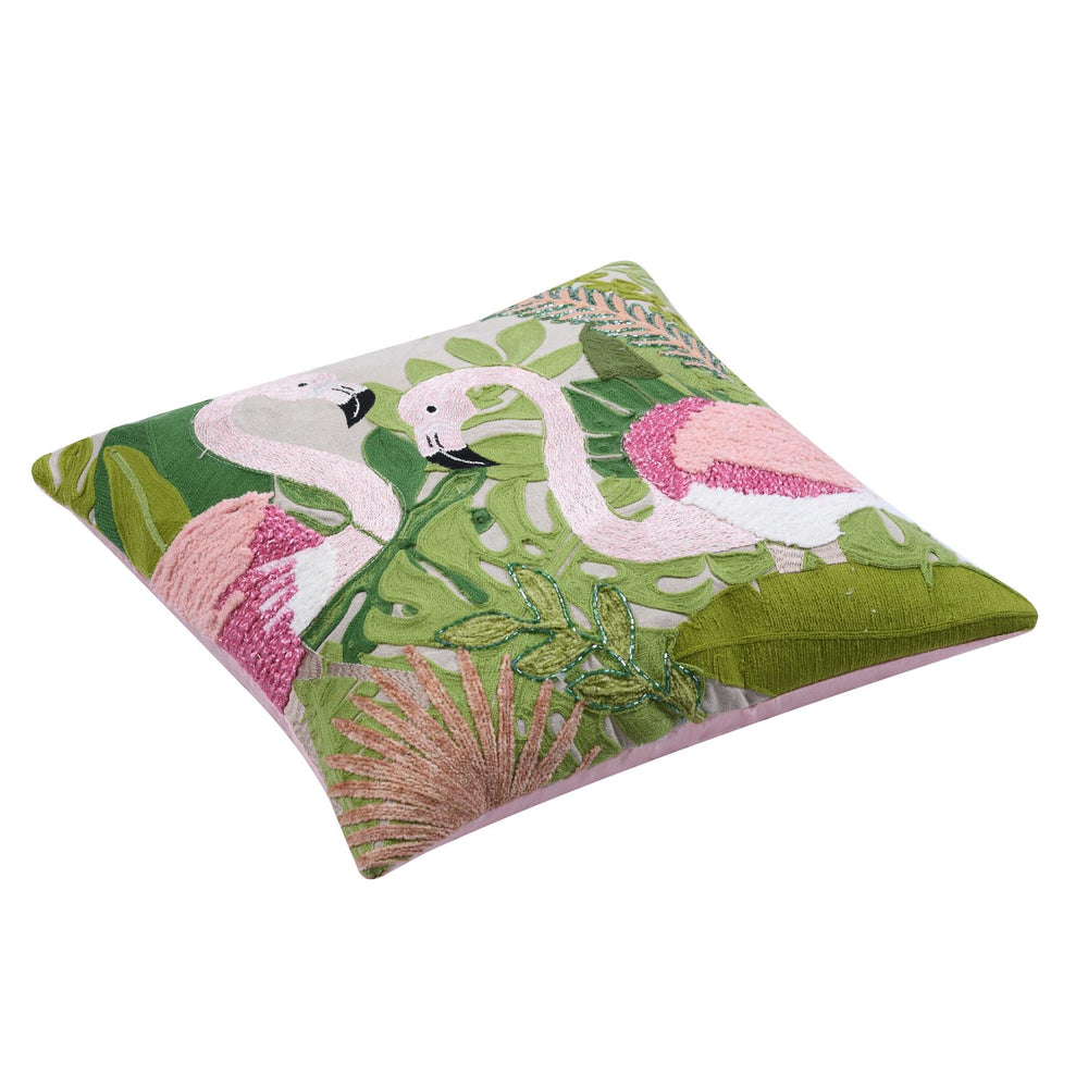 Flamingo Pair Cotton Cushion Cover- Multicolor